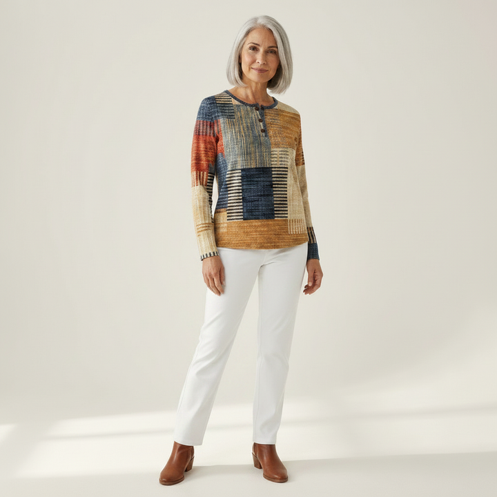 Thea - Pull patchwork ocre et bleu