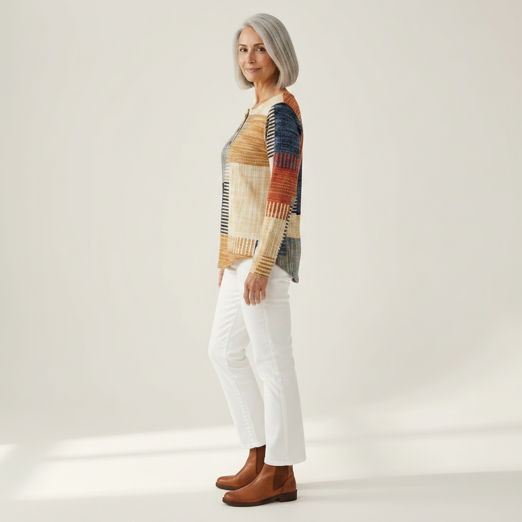 Thea - Pull patchwork ocre et bleu