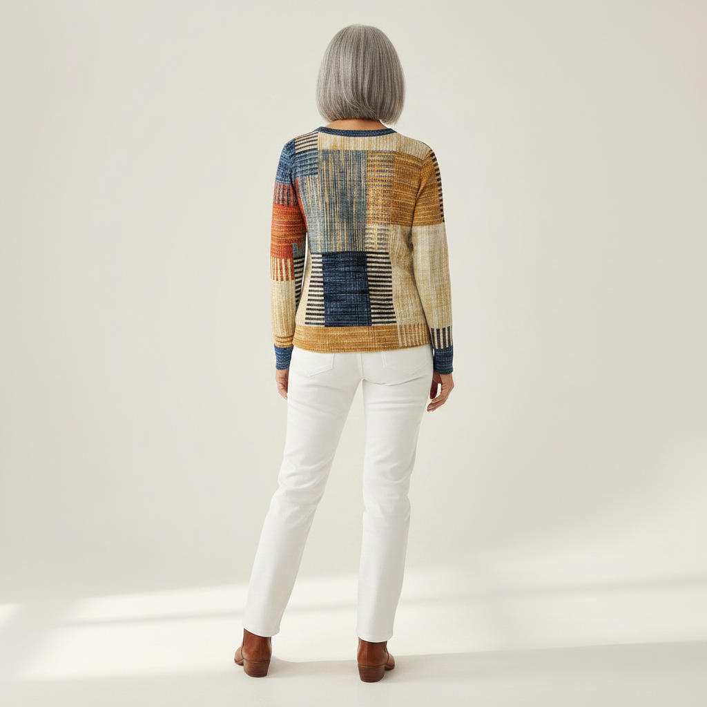 Thea - Pull patchwork ocre et bleu