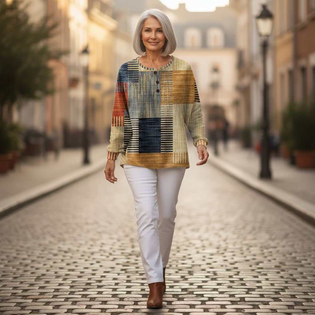 Thea - Pull patchwork ocre et bleu