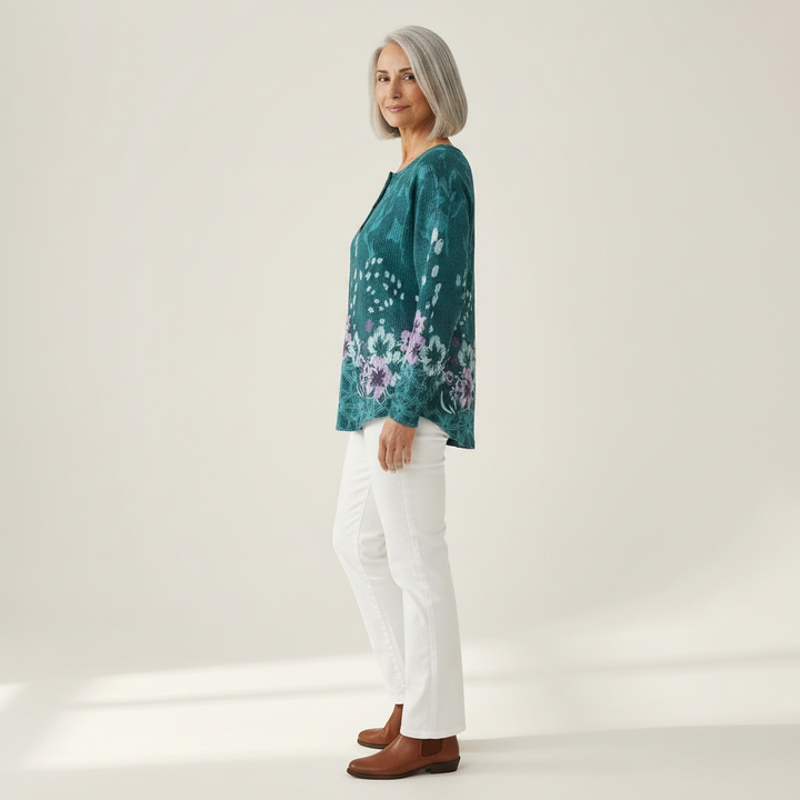 Yolande - Pull turquoise à fleurs
