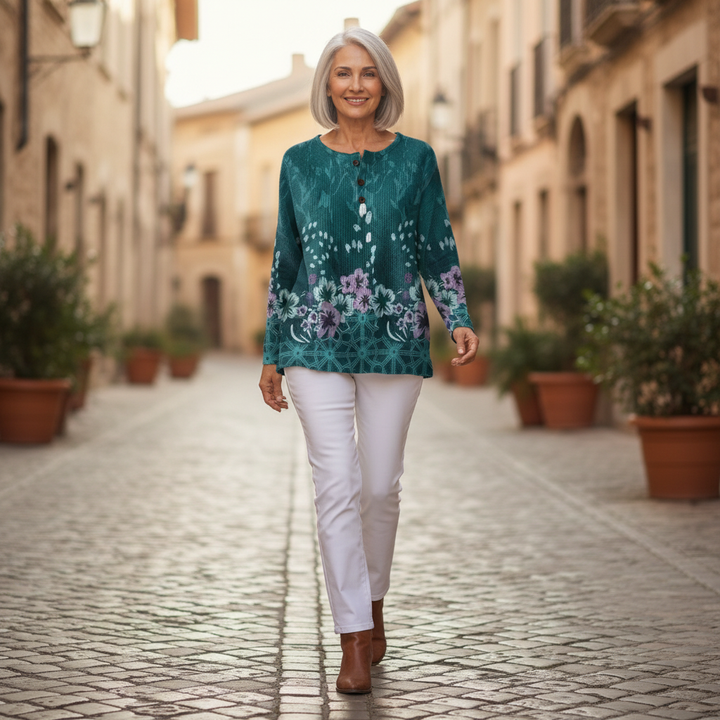 Yolande - Pull turquoise à fleurs