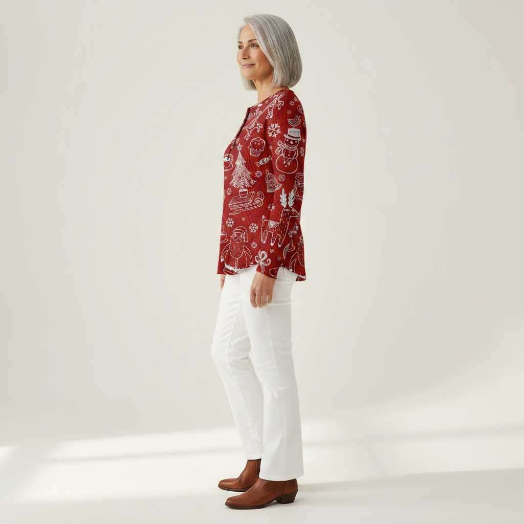 Karla - Pull de Noël rouge à motifs blancs