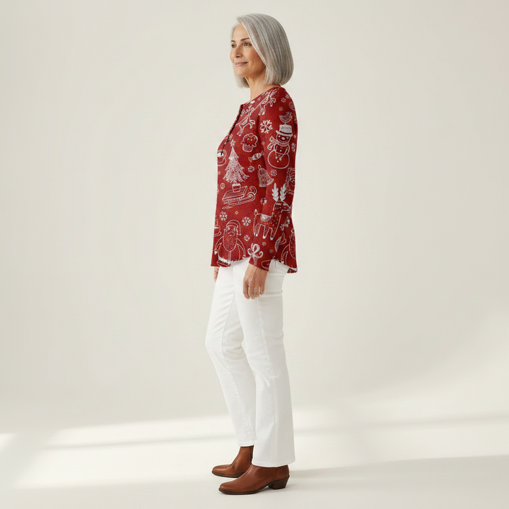 Karla - Pull de Noël rouge à motifs blancs