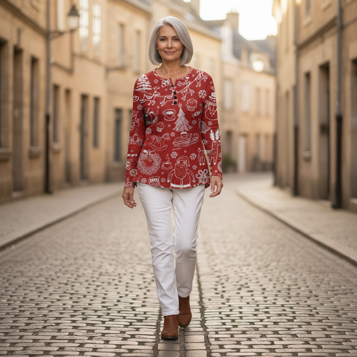 Karla - Pull de Noël rouge à motifs blancs