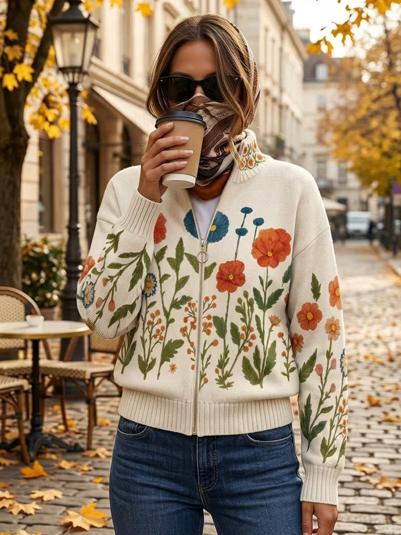 Juniper | Cardigan zippé en médaillon de fleurs sauvages