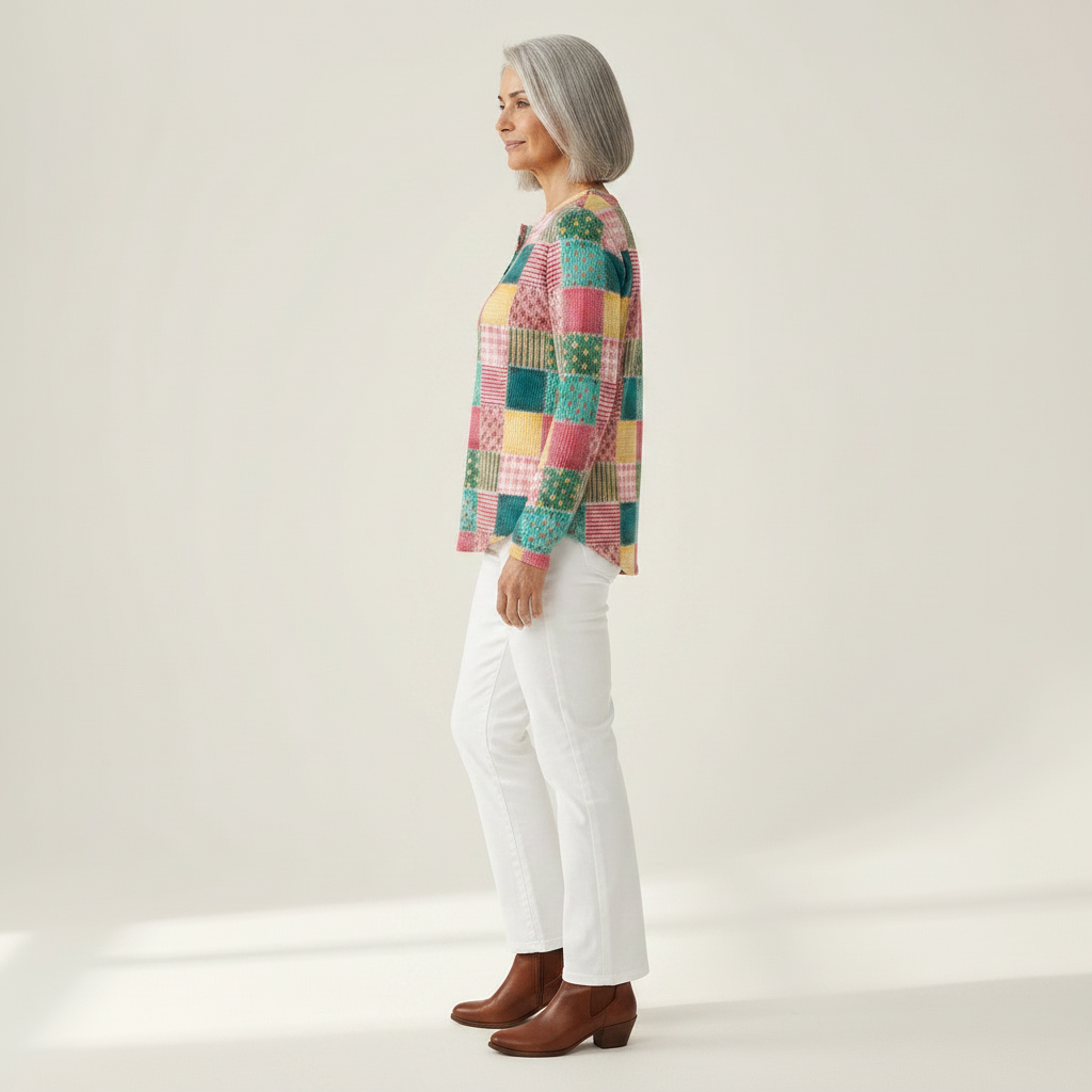 Agnes - Pull patchwork rose et turquoise