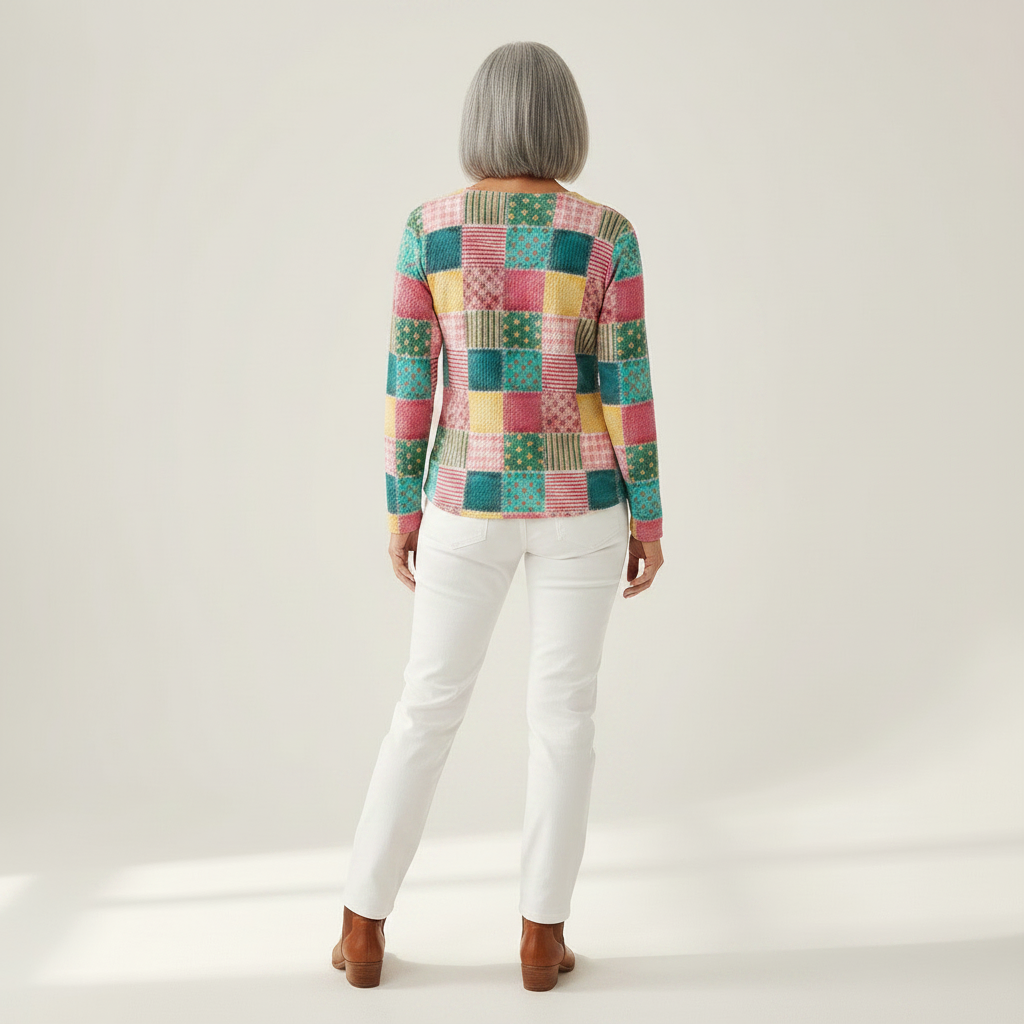 Agnes - Pull patchwork rose et turquoise