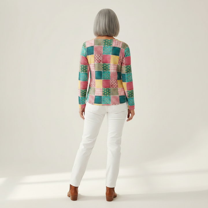 Agnes - Pull patchwork rose et turquoise