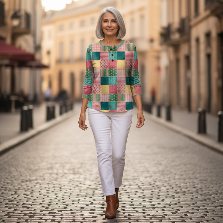 Agnes - Pull patchwork rose et turquoise
