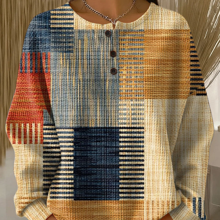 Thea - Pull patchwork ocre et bleu