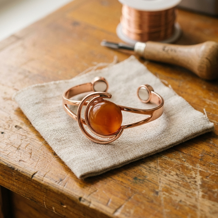 Boucles d'oreilles sphère orange bracelet en cuivre
