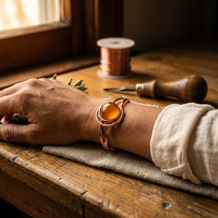Boucles d'oreilles sphère orange bracelet en cuivre